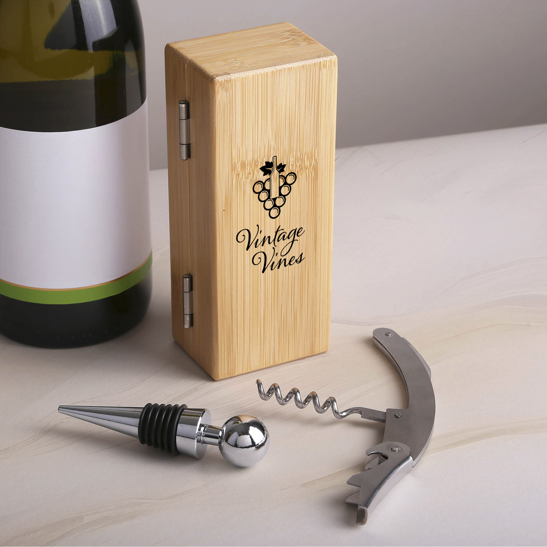 2-Piece Bamboo Wine Opener Set w/ Magnetic Closure