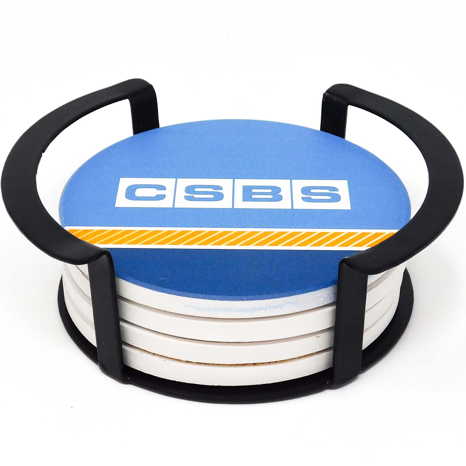 4 Pc. Round Ceramic Coaster Set In Black Metal Stand
