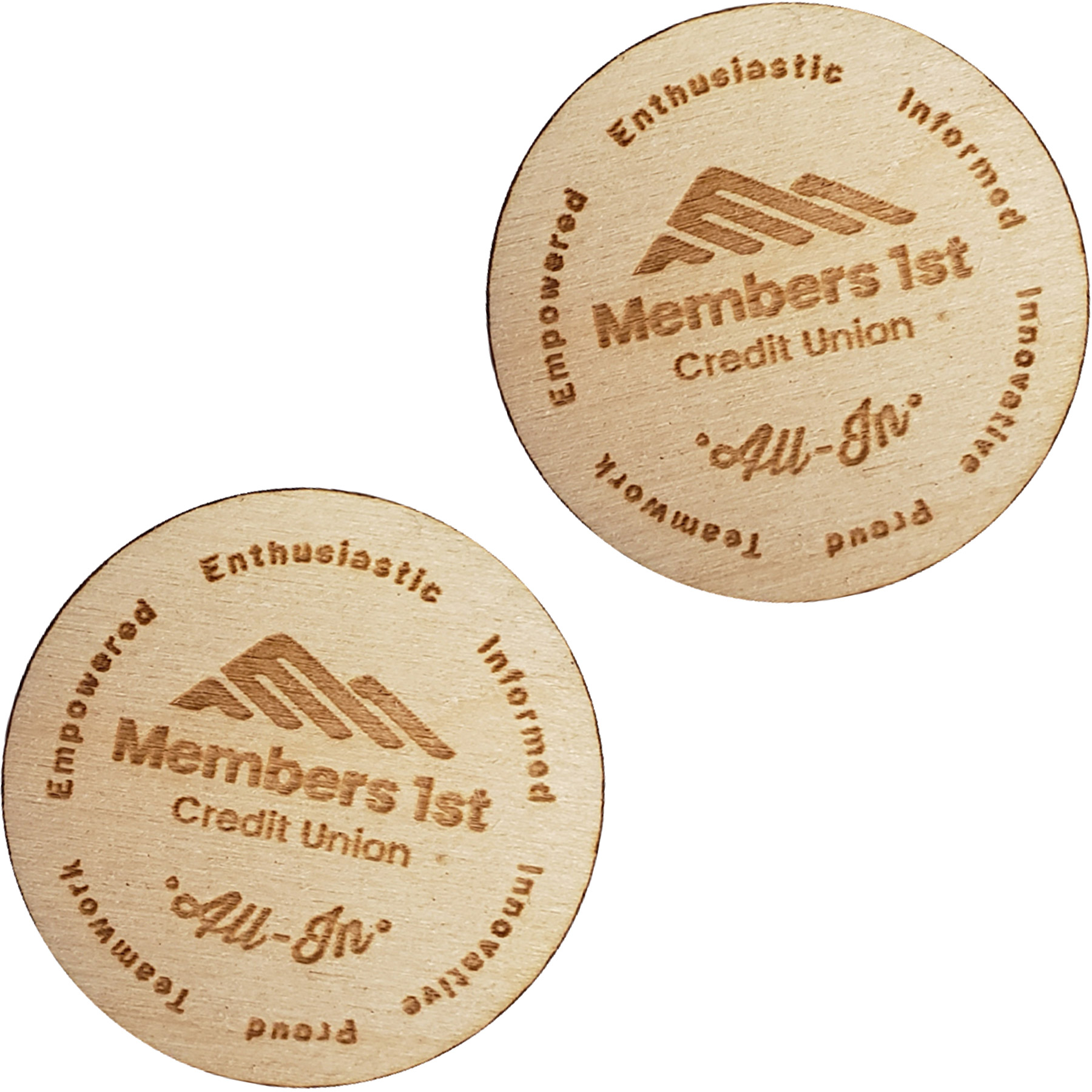 Wood Lapel Pins: 1" W X 1" H